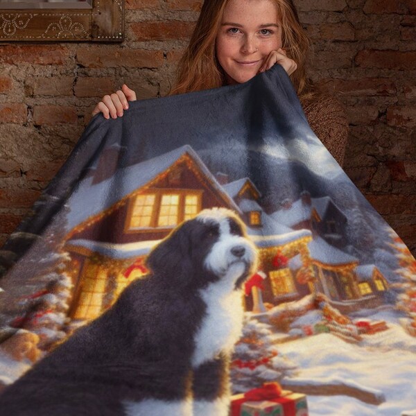 Bernedoodle Sherpa Fleece Blanket | Christmas Eve Scene|Cozy & Warm-Unique Dog Lover Design-Soft | Perfect for Couch or Bedding| Luxury Gift