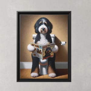 Framed Bernedoodle Toilet Portrait - Dog Reading Magazine, Bathroom Wall Art image 4