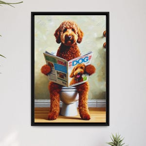 May include: Framed artwork featuring a brown dog sitting on a toilet, reading a newspaper with the word "DOG" on the front. The dog is depicted with fluffy fur and is in a bathroom setting.