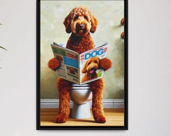 Funny Goldendoodle Toilet Canvas Print: Dog Reading Magazine, Bathroom Art
