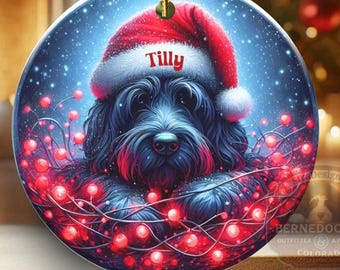 Personalized Black Doodle Dog Wearing a Santa Hat- Ceramic Two Sided Christmas Ornament