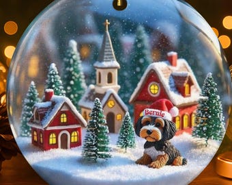 Snow Globe Style Personalized Bernedoodle Christmas Scene - Ceramic Two Sided Christmas Ornament