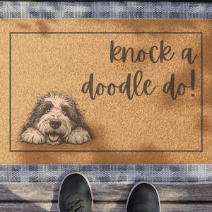 Cute Bernedoodle Doormat, Knock a Doodle Do Welcome Mat, Home Decor, Novelty Gift, Housewarming Present, Porch Mat Accent, Doodle Lover Gift