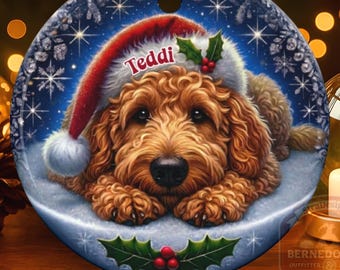 Personalized Golden Doodle Dog Christmas Ornament  - Two-Sided Goldendoodle Ceramic Heirloom