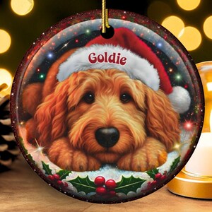 Ceramic golden doodle goldendoodle doodle dog ornament with impressive snow globe style design on both sides.  Excellent doodle mom gift.  Goldendoodle holiday heirloom gift and Christmas Tree Ornament!