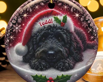 Personalized Black Doodle Dog Christmas Ornament With Crimson Background  - Two-Sided Ceramic Heirloom