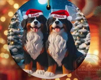 Two Bernese Mountain Dogs Ceramic Ornament - Personalized Christmas Two-Sided heirloom