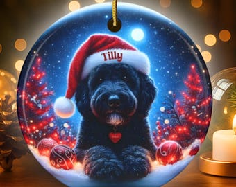 Black Doodle Dog Wearing a Santa Hat Christmas Ornament Two Sided Personalized Ceramic Ornament
