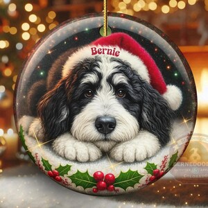 May include: A round Christmas ornament featuring a Bernedoodle dog wearing a Santa hat with the name "Bernie" on it. The ornament has a gold string for hanging and is decorated with holly and berries.