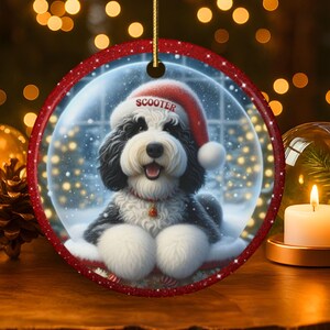 Custom Dog Ornament, Sheepadoodle Snow Globe Design (Sublimation, Ceramic) - Personalized Keepsake Gift, Holiday Tree Decor image 1