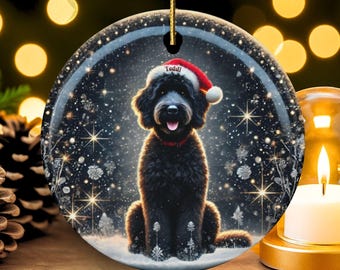 Black Doodle Dog Wearing a Santa Hat Christmas Ornament Two Sided Personalized Ceramic Ornament