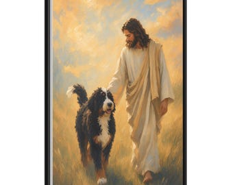 Jesus With Bernedoodle Framed Canvas