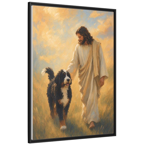 Jesus With Bernedoodle Framed Canvas
