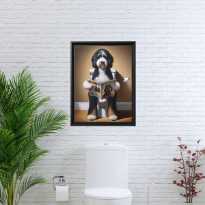Framed Bernedoodle Toilet Portrait - Dog Reading Magazine, Bathroom Wall Art