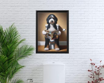 額装されたバーニーズドゥードルのトイレポートレート - 雑誌を読む犬、バスルームの壁飾り
