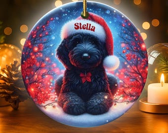 Black Doodle Dog Wearing a Santa Hat Christmas Ornament - Two Sided Personalized Ceramic Ornament