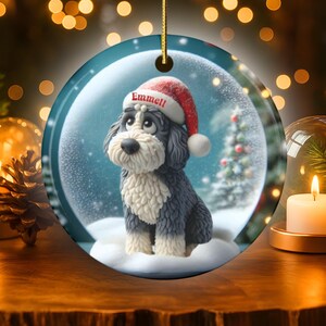 Sheepadoodle Dog Christmas Ornament, Festive Snow Scene Decor | Ceramic | Sublimation Two-Sided Keepsake image 1