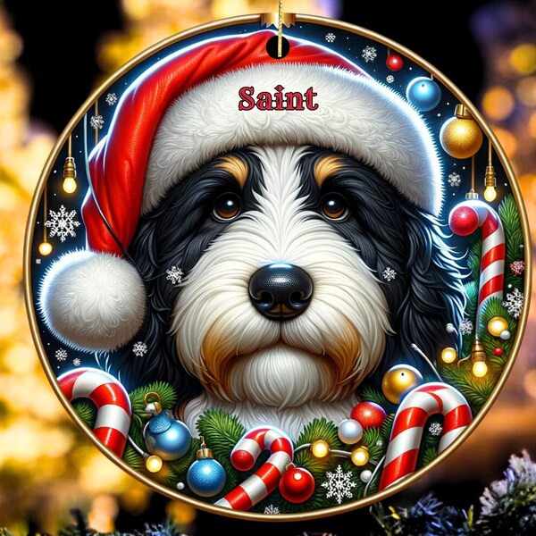 Bernedoodle Ornament, Custom Dog Name Keepsake | Ceramic Sublimation Decor | Festive Christmas Tree Gift - 2.76 Inch Round