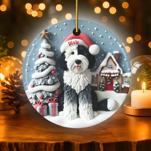 Sheepadoodle, Snow Globe Scene Ceramic Ornament | Sublimation | 3 Inch Custom Dog Name, Pet Lover Gift image 1