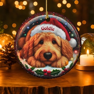 Ceramic golden doodle goldendoodle doodle dog ornament with impressive snow globe style design on both sides.  Excellent doodle mom gift.  Goldendoodle holiday heirloom gift and Christmas Tree Ornament!