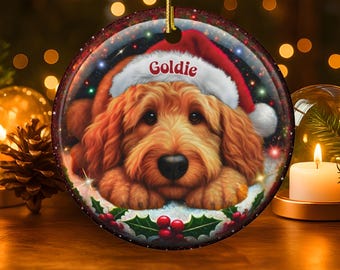 Personalized Goldendoodle Snow Globe Themed Ceramic Ornament Design is Printed on Both Sides