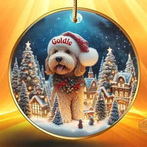 personalized doodle dog ceramic ornament features a charming scene featuring a Goldendoodle Dog nestled inside a festive snow globe scene. The ornament comes personalized with your pup's name. The design is then placed on both sides of the ornament and is finished in a full gloss. This ornament makes a heartwarming addition to your holiday decorations or a thoughtful gift for the dog lover in your life.

* Vibrant and detailed image - Glossy finish