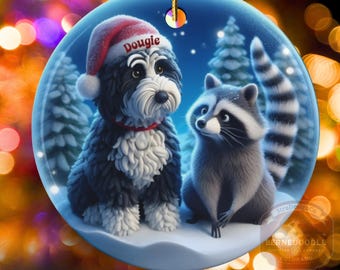 Bernedoodle and Racoon Friend Ceramic Christmas Ornament - Two-Sided Doodle Dog heirloom