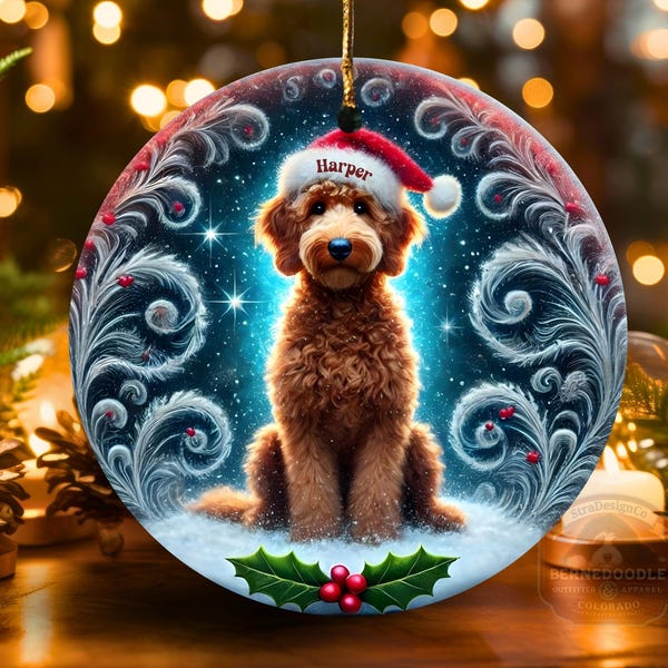 Custom Pet Ornament - Goldendoodle Christmas Decor, Two-Sided Sublimation Print (3 Inch Ceramic, Santa Hat Design)