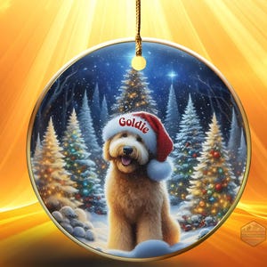 Goldendoodle in a gorgeous Christmas scene in this beautiful ceramic ornament.  Oil and ink design.