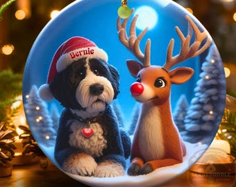 Personalized Bernedoodle Christmas Ornament – Doodle Dog & Reindeer heirloom