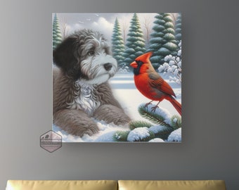 May include: A canvas print featuring a winter scene with a fluffy, gray and white dog and a bright red cardinal bird. The dog is lying in the snow, and the bird is perched on a snow-covered branch. The background shows snow-covered evergreen trees.