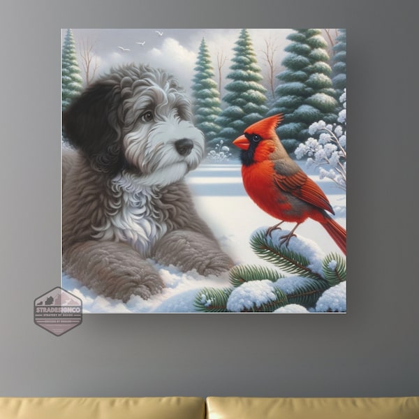 Bernedoodle & Cardinal Canvas Print | North Woods Winter Scene
