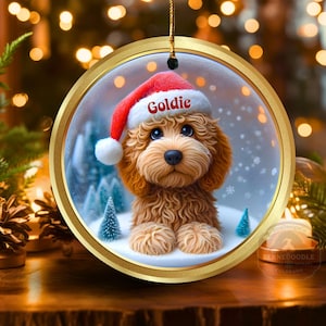 Goldendoodle ceramic 3 inch ornament in vibrant color and claymation style design.  Full gloss and printed on both sides.  It's hung with a gold string.