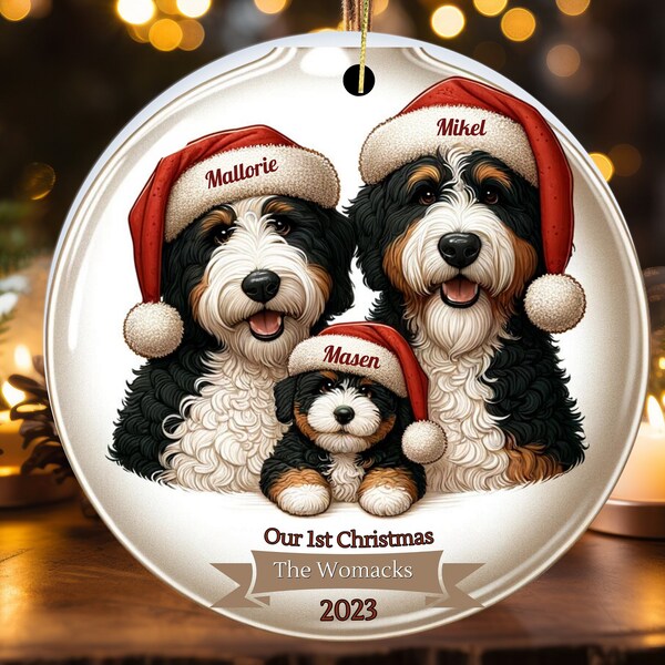 Ornament Our First, Custom Bernedoodle Decor | Ceramic Sublimation | Personalized Family Name Christmas Keepsake, Baby Gift