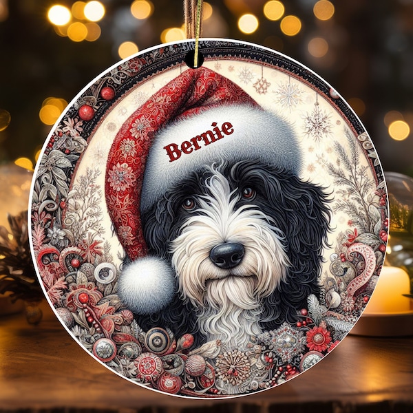 Bernedoodle Ornament, Custom Dog Keepsake | Ceramic Sublimation | Vintage Santa Hat Design, Personalized Holiday Decor Gift