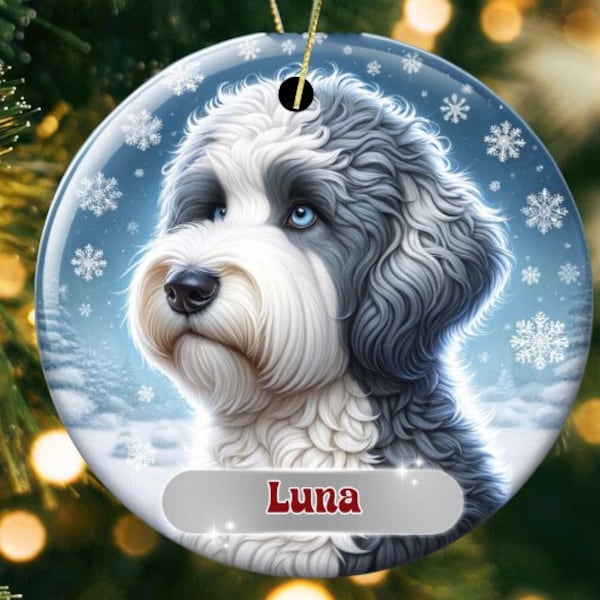 Custom Dog Ornament, Personalized Sheepadoodle Keepsake | Ceramic Sublimation | 2.76 Inch Holiday Decor