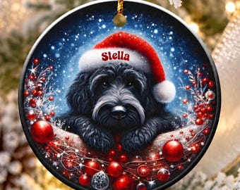 Black Doodle Dog Wearing a Santa Hat Christmas Ornament Two Sided Personalized Ceramic Ornament