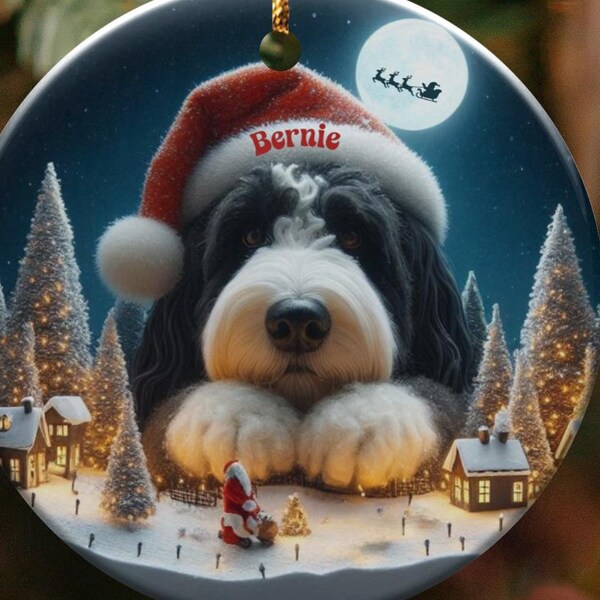 Bernedoodle Santa, Personalized Ceramic Dog Ornament - Sublimation Two Sided Print - 3 Inch Holiday Tree Decor Keepsake