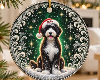 Bernedoodle Christmas Ornament - Two Sided Ceramic Holiday Doodle Dog Decor