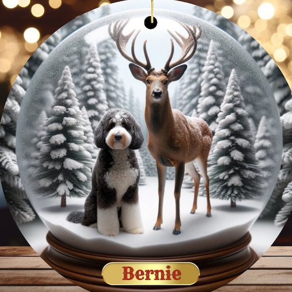 Holiday Dog Ornament, Bernedoodle Snow Globe Keepsake | Ceramic Sublimation | 2.76 Inch
