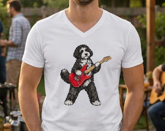 Bernedoodle Playing Guitar V-Neck Tee | Music Lover Dog Shirt
