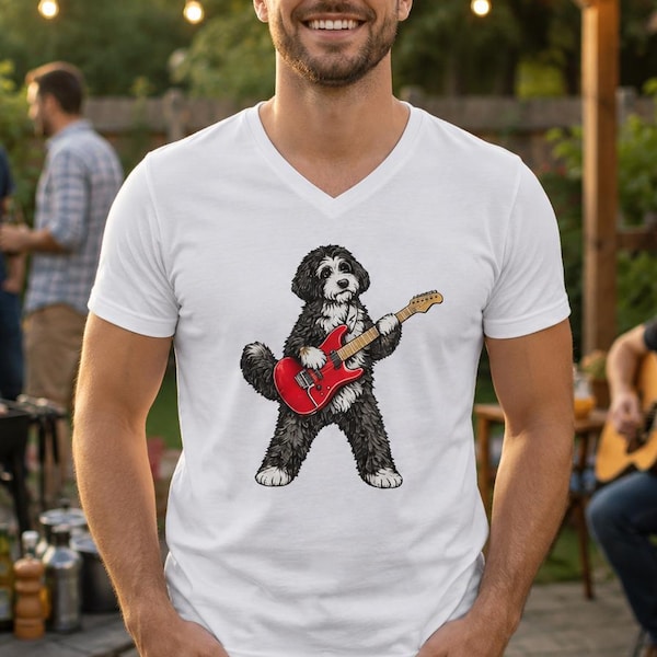 Bernedoodle Playing Guitar V-Neck Tee | Music Lover Dog Shirt