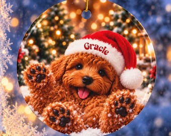 Personalized Cavapoo Puppy Wearing a Santa Hat Christmas Ornament