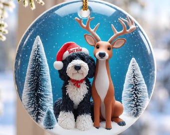 Bernedoodle and Deer Friend Ceramic Christmas Ornament - Two-Sided Doodle Dog Keepsake
