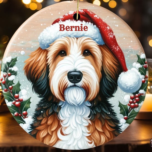 Brown Bernedoodle Personalized Ornament, Custom Dog Name Decor | Round Ceramic | 2.76 Inch Keepsake, Holiday Gift For Pet Lovers