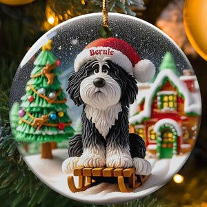 Bernedoodle Ornament, Sledding Ceramic | Claymation Style Artwork | 3 Inch Sublimation Gift image 1