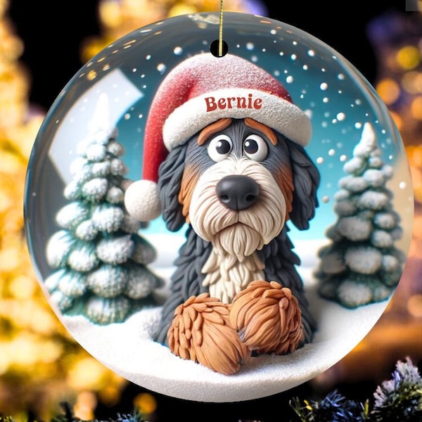 Bernedoodle Ornament, Personalized Clay-Look Dog Keepsake | Sublimation Ceramic | Holiday Tree Decor