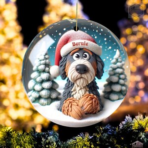 Cute clay style bernedoodle looking worried that Santa isn't coming.  Personalized bernedoodle ornament.