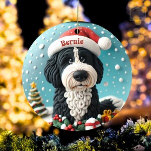 Cute clay style bernedoodle looking worried that Santa isnt coming.  Personalized bernedoodle ornament.