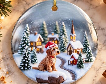 Personalized Goldendoodle Snow Globe Themed Ceramic Ornament Design is Printed on Both Sides